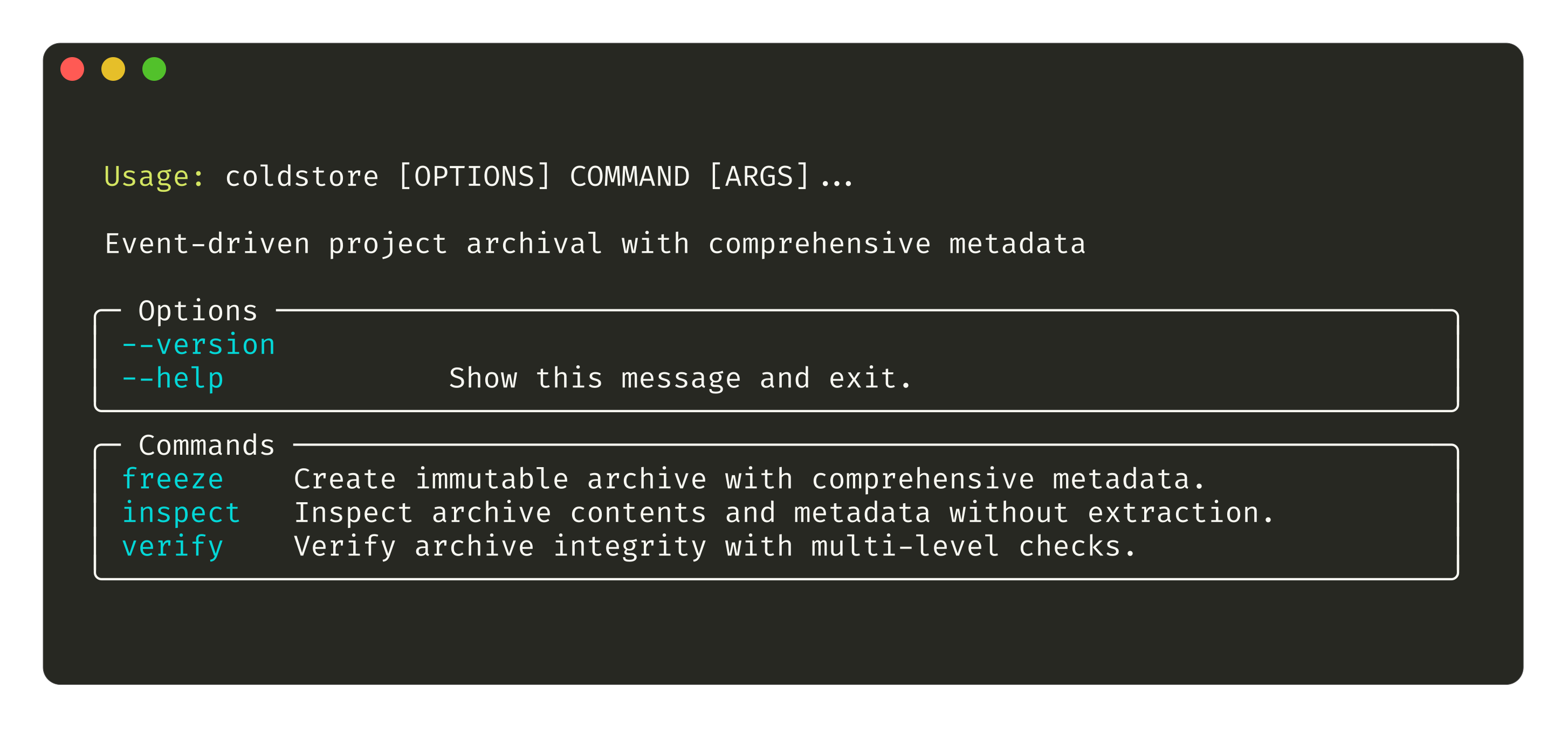 coldstore CLI help menu showing freeze, verify, and info commands for project archiving