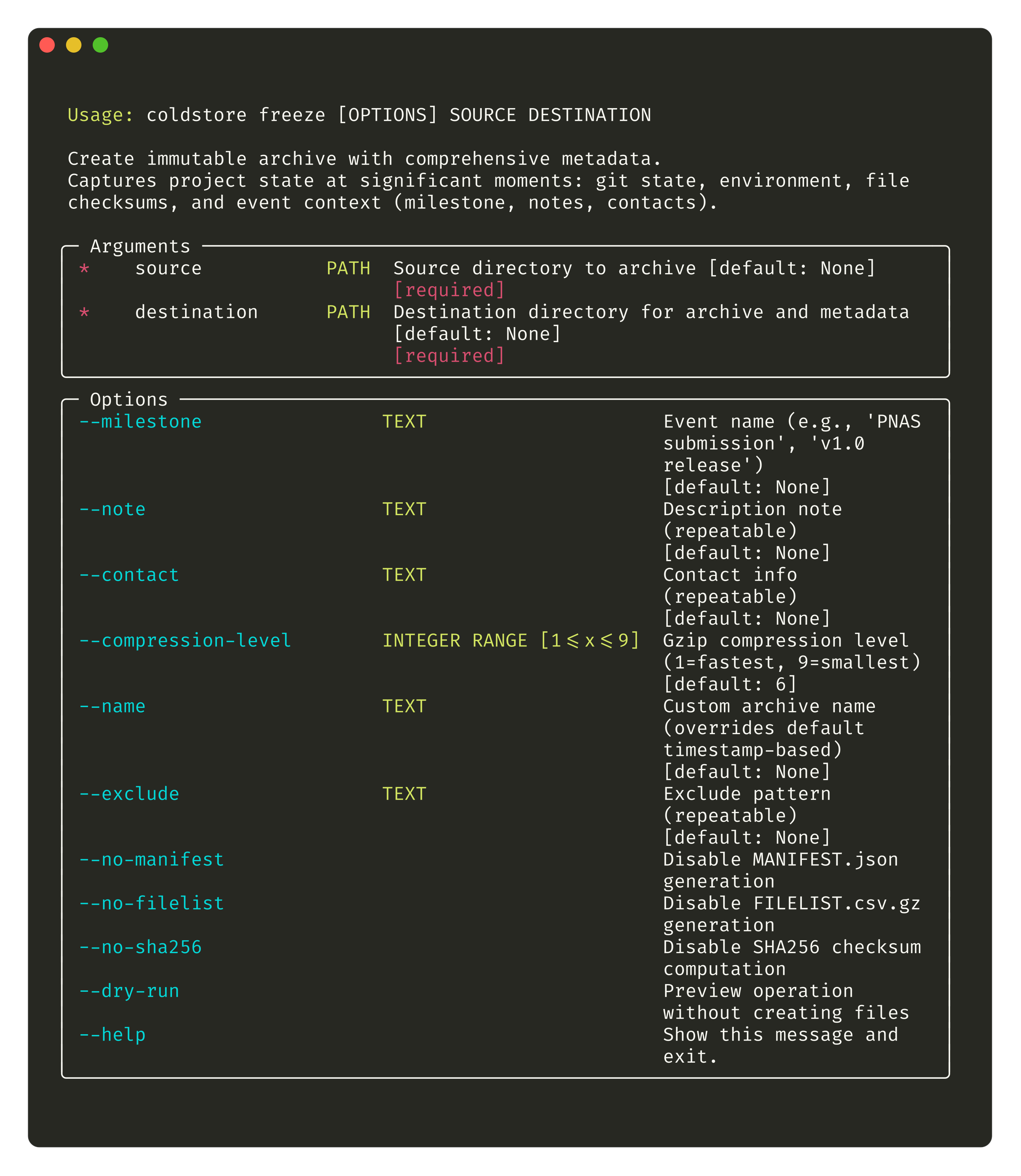 coldstore freeze command creating compressed archive with Git metadata and SHA256 verification