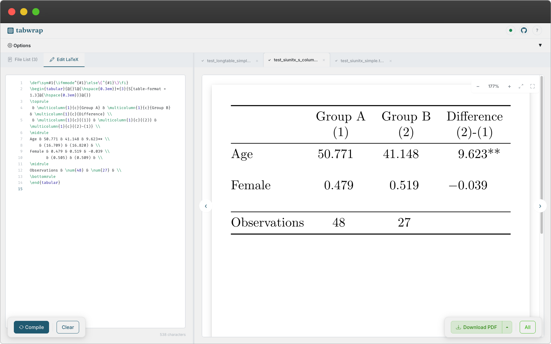 tabwrap web interface showing LaTeX editor and live PDF preview